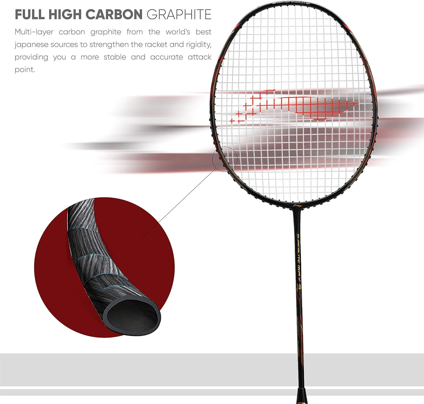Li-Ning G-Force Superlight Max 9 مضرب تنس الريشة | اللون: أسود/أحمر | المقاس: S1 | المادة: ألياف الكربون | عمود مرن للغاية | توازن ثقيل هجومي