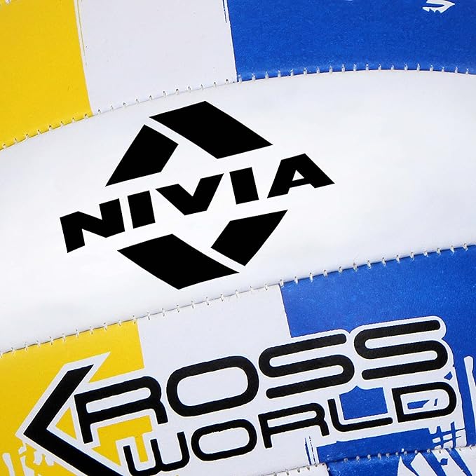 Nivia Kross كرة طائرة مطاطية مخيطة يدويًا | اللون: أصفر وأزرق | الحجم: 4 | 18 لوحة | مخيطة مطاطيًا بالآلة | للاستخدام الداخلي والخارجي | للتدريب أو الترفيه
