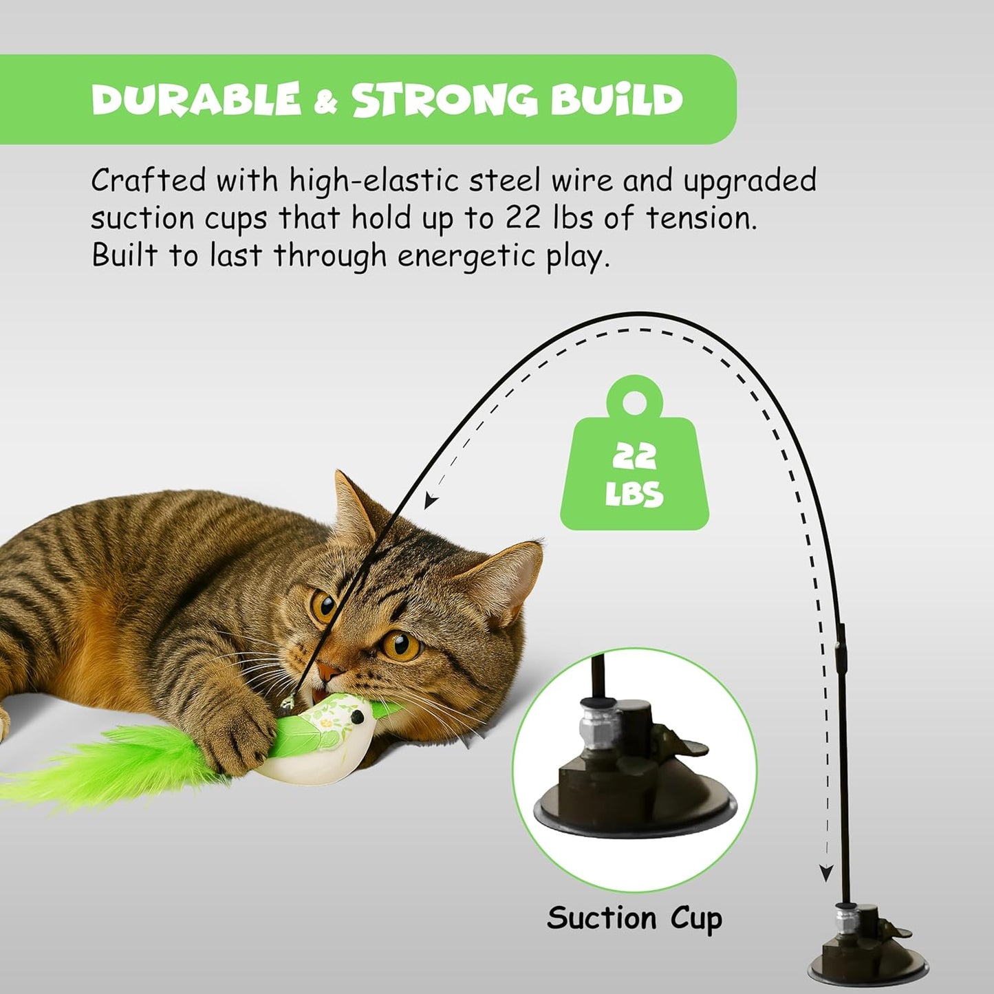 Funfy لعبة عصا القطط، لعبة تفاعلية من الريش للقطط مع طائر للعب والتمرين في الأماكن المغلقة | وضعان للعب: عصا إغراء للقطط مع طائر أخضر، وكأس شفط قابل لإعادة الاستخدام