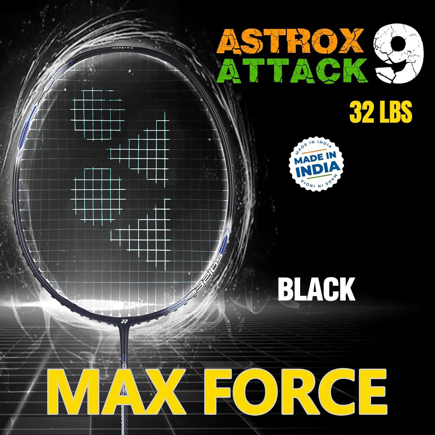 Yonex Graphite Asterix Attack 9 مضرب تنس الريشة G4U4 أسود (80 جرام - 32 رطل) (صنع في الهند)
