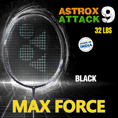 Yonex Graphite Asterix Attack 9 مضرب تنس الريشة G4U4 أسود (80 جرام - 32 رطل) (صنع في الهند)