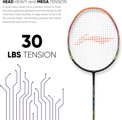 Li-Ning Turbo 99 Carbon Fiber Badminton Racket with Full Racket Cover (Black/Lime/Orange) | Intermediate Players | 84g | Max String Tension - 30lbs