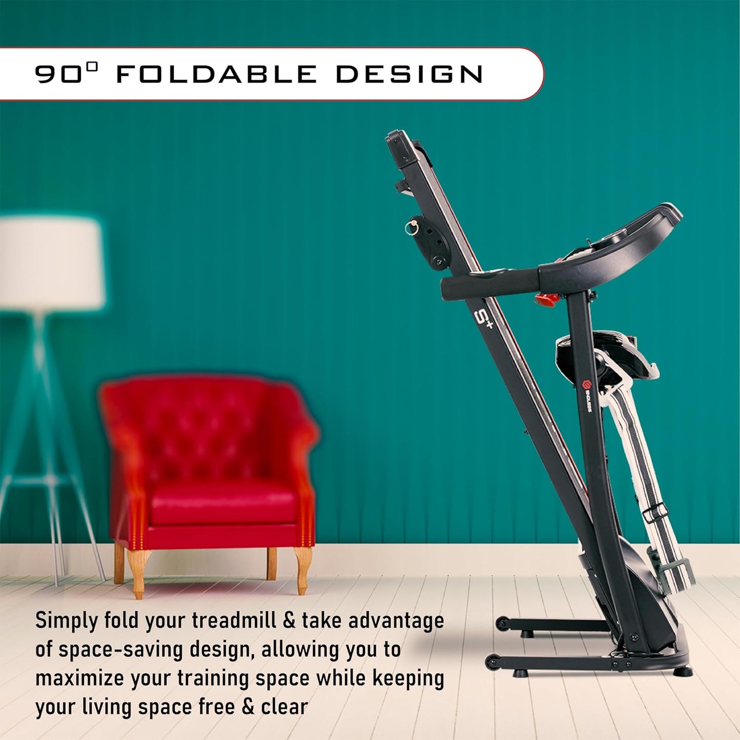 Endless S+ جهاز جري للاستخدام المنزلي مع جهاز تدليك بمحرك تيار مستمر بقوة 2 حصان | أقصى قوة | أقصى وزن 90 كجم وأقصى سرعة 10 كم/ساعة | مساحة جري 410 مم | مع مكبرات صوت | قابل للطي مع ميل يدوي