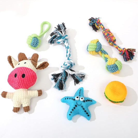 Funfy مجموعة من 7 ألعاب مضغ للجراء للكلاب التي تمر بمرحلة التسنين | ألعاب مضغ للكلاب مع ألعاب حبلية، وحبال كروية متعددة، ولعبة على شكل نجمة، ولعبة برجر، وألعاب صرير للكلاب الصغيرة والمتوسطة