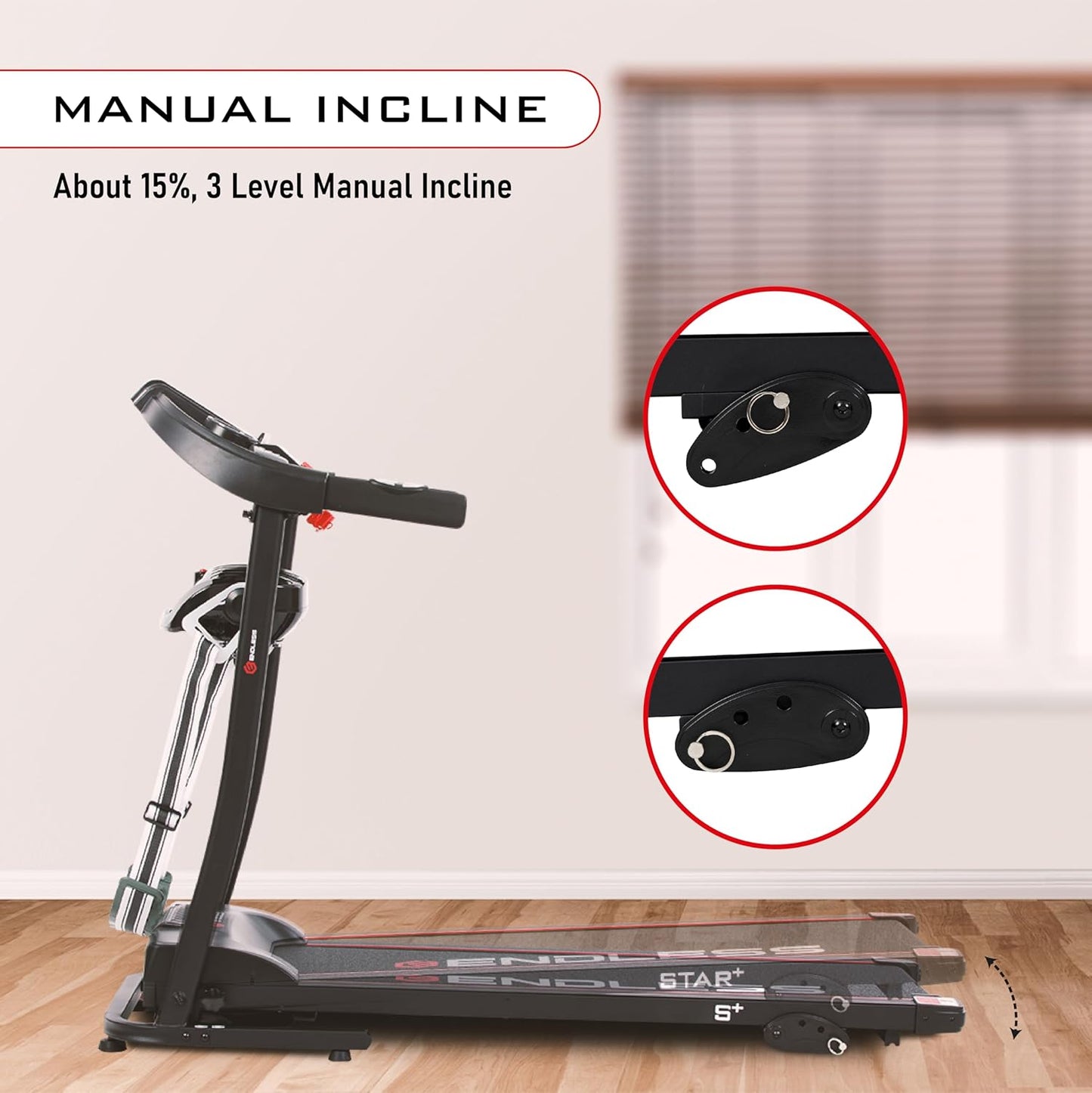 Endless S+ جهاز جري للاستخدام المنزلي مع جهاز تدليك بمحرك تيار مستمر بقوة 2 حصان | أقصى قوة | أقصى وزن 90 كجم وأقصى سرعة 10 كم/ساعة | مساحة جري 410 مم | مع مكبرات صوت | قابل للطي مع ميل يدوي