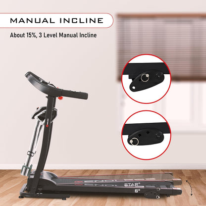 Endless S+ جهاز جري للاستخدام المنزلي مع جهاز تدليك بمحرك تيار مستمر بقوة 2 حصان | أقصى قوة | أقصى وزن 90 كجم وأقصى سرعة 10 كم/ساعة | مساحة جري 410 مم | مع مكبرات صوت | قابل للطي مع ميل يدوي