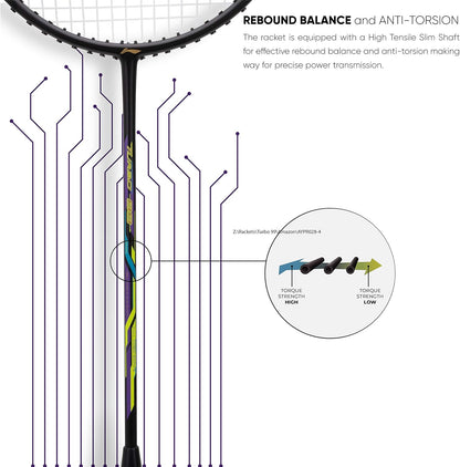 Li-Ning Turbo 99 Carbon Fiber Badminton Racket with Full Racket Cover (Black/Lime/Orange) | Intermediate Players | 84g | Max String Tension - 30lbs