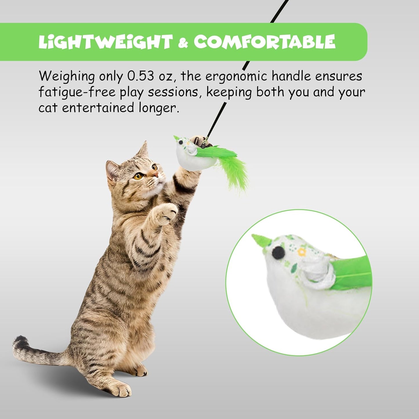 Funfy لعبة عصا القطط، لعبة تفاعلية من الريش للقطط مع طائر للعب والتمرين في الأماكن المغلقة | وضعان للعب: عصا إغراء للقطط مع طائر أخضر، وكأس شفط قابل لإعادة الاستخدام
