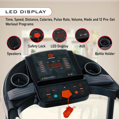 Endless S جهاز جري للاستخدام المنزلي مع جهاز تدليك بمحرك تيار مستمر بقوة 2 حصان | أقصى قوة | أقصى وزن 90 كجم وأقصى سرعة 10 كم/ساعة | مساحة جري 410 مم | مع مكبرات صوت | قابل للطي مع ميل يدوي