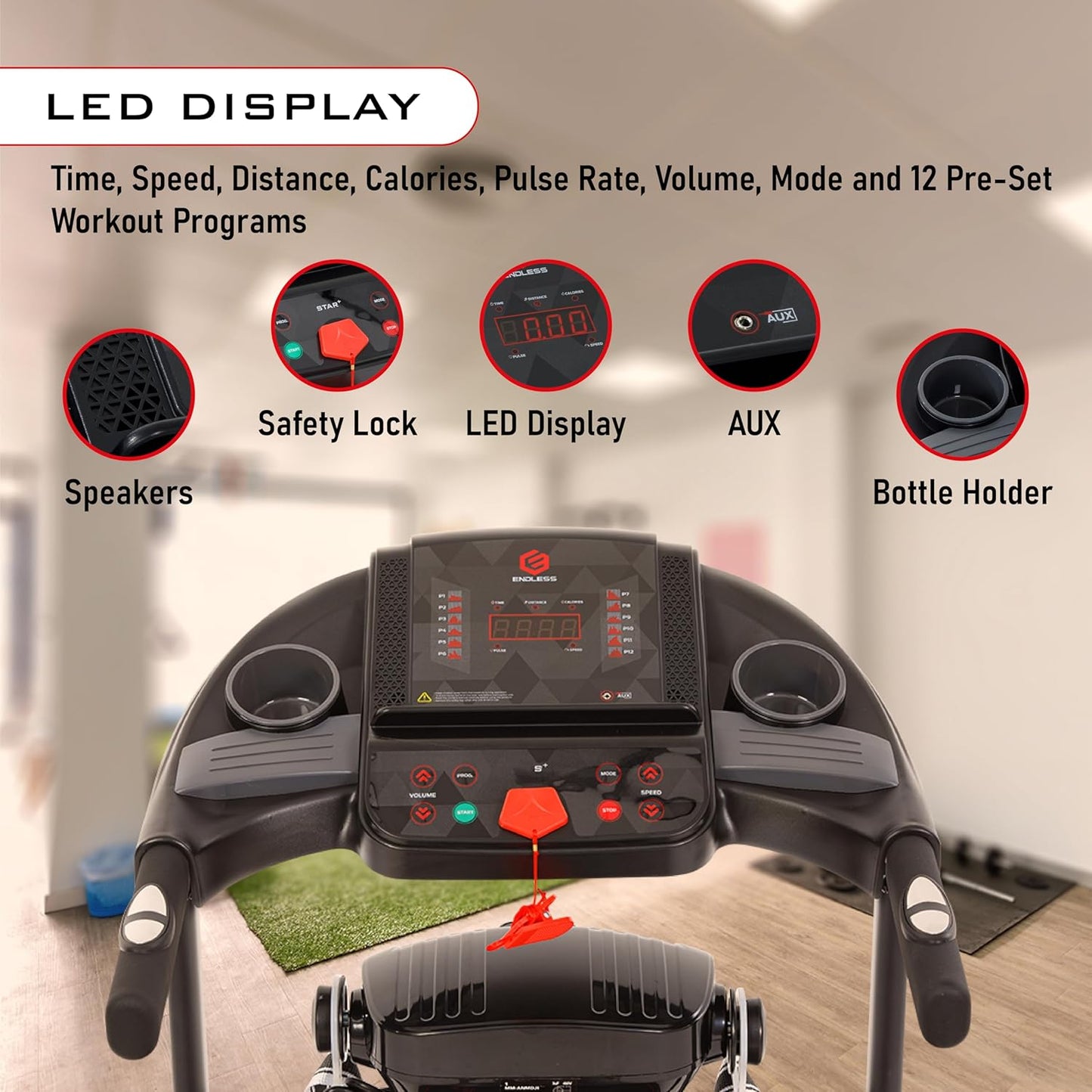Endless S+ جهاز جري للاستخدام المنزلي مع جهاز تدليك بمحرك تيار مستمر بقوة 2 حصان | أقصى قوة | أقصى وزن 90 كجم وأقصى سرعة 10 كم/ساعة | مساحة جري 410 مم | مع مكبرات صوت | قابل للطي مع ميل يدوي