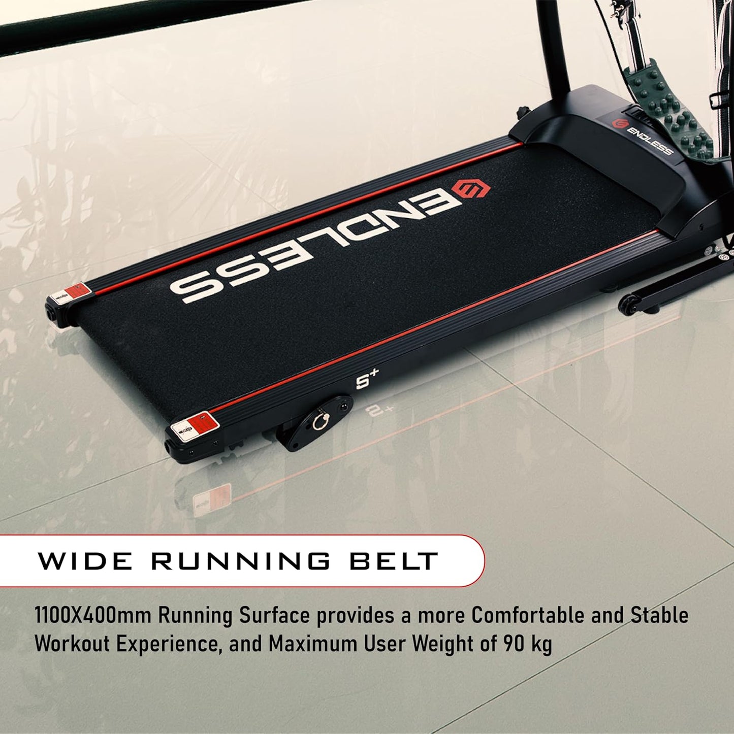 Endless S+ جهاز جري للاستخدام المنزلي مع جهاز تدليك بمحرك تيار مستمر بقوة 2 حصان | أقصى قوة | أقصى وزن 90 كجم وأقصى سرعة 10 كم/ساعة | مساحة جري 410 مم | مع مكبرات صوت | قابل للطي مع ميل يدوي
