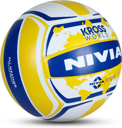 Nivia Kross كرة طائرة مطاطية مخيطة يدويًا | اللون: أصفر وأزرق | الحجم: 4 | 18 لوحة | مخيطة مطاطيًا بالآلة | للاستخدام الداخلي والخارجي | للتدريب أو الترفيه