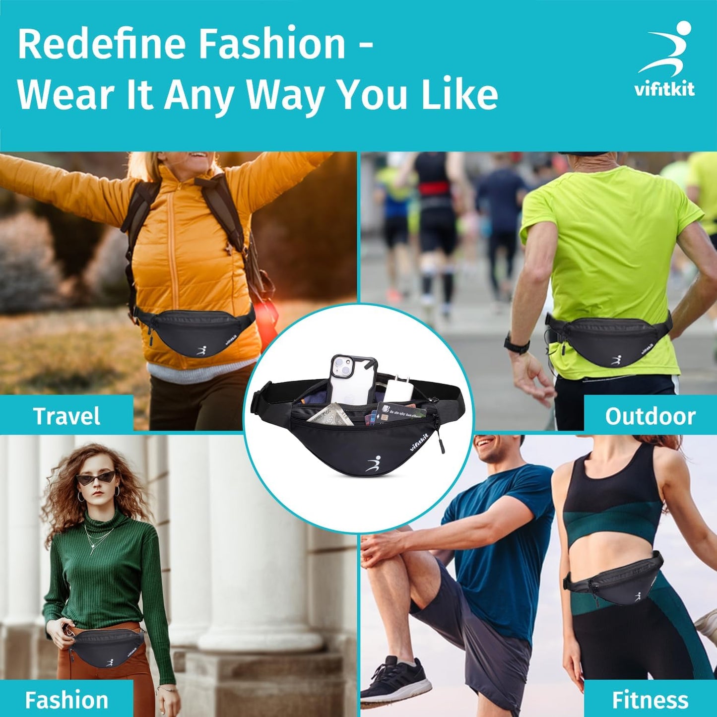 حقيبة خصر Vifitkit للرجال، حقيبة خصر للنساء، حقيبة خصر للرجال، حقيبة خصر للنساء، حقيبة صدر للنساء، حقيبة خصر للرجال، حقيبة خصر للأولاد، حقائب خصر للبنات، حقيبة خصر - أسود