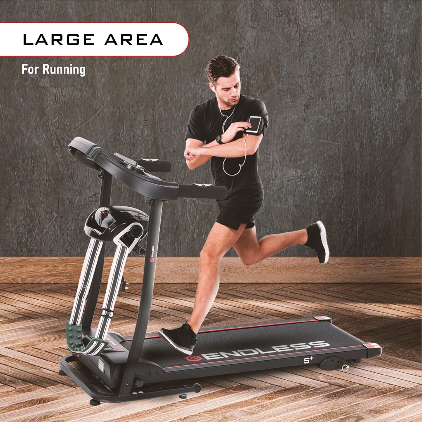 Endless S+ جهاز جري للاستخدام المنزلي مع جهاز تدليك بمحرك تيار مستمر بقوة 2 حصان | أقصى قوة | أقصى وزن 90 كجم وأقصى سرعة 10 كم/ساعة | مساحة جري 410 مم | مع مكبرات صوت | قابل للطي مع ميل يدوي