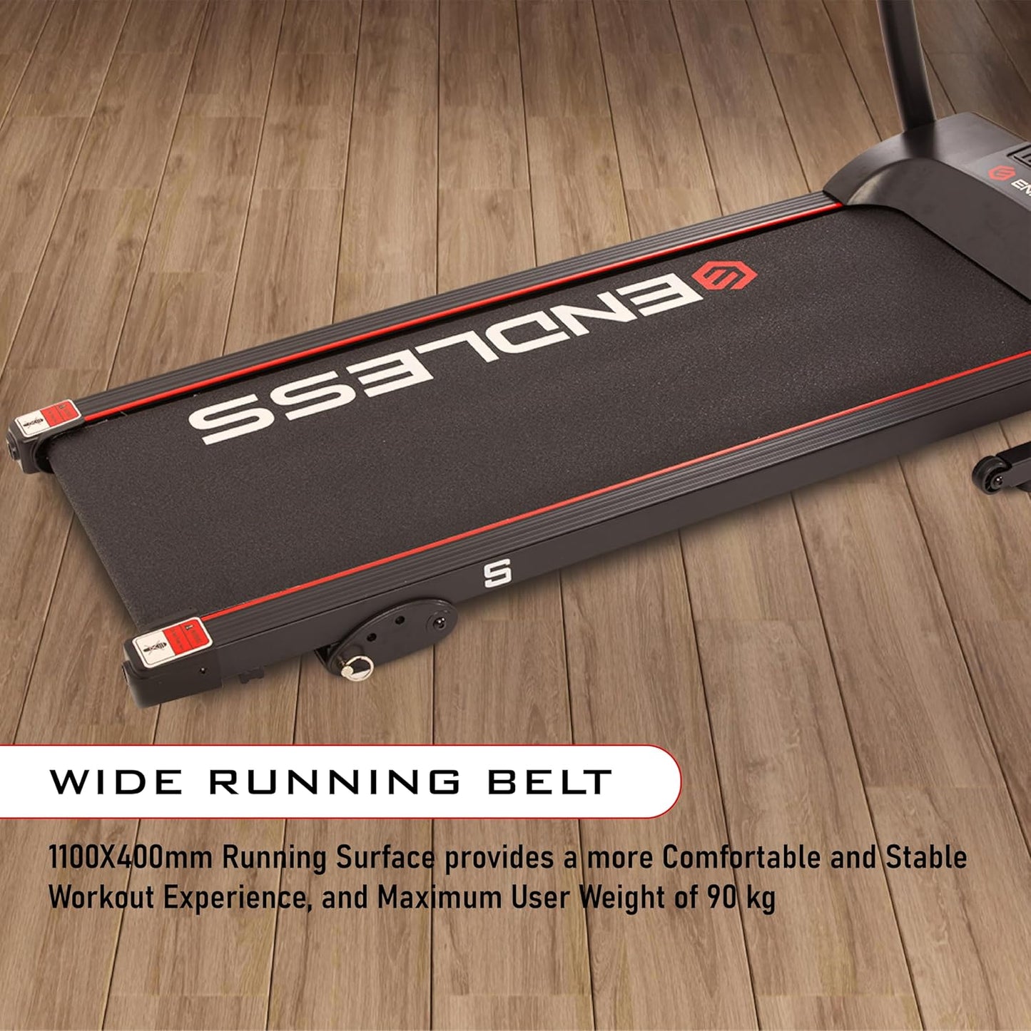 Endless S جهاز جري للاستخدام المنزلي مع جهاز تدليك بمحرك تيار مستمر بقوة 2 حصان | أقصى قوة | أقصى وزن 90 كجم وأقصى سرعة 10 كم/ساعة | مساحة جري 410 مم | مع مكبرات صوت | قابل للطي مع ميل يدوي