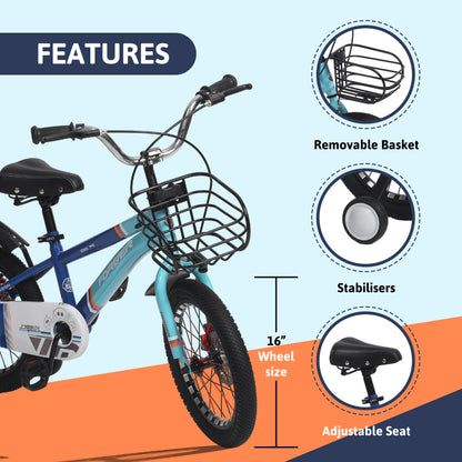 Endless Infinity Blue Carbon Steel Kids cycle with Front and Rear Disc Brakes and Basket | Kids cycle Ages 4-7 | 16" cycle with Training Wheels and Premium Fenders | Kids Bike with 2.125" Wide Tires