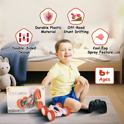 FUNFY RC Stunt Racing Car with 4WD | with 360° Rotation, Off-Road, Dual Side-Wheel Drive | Anti-Slip Vacuum Tires, Mist Spray & Rechargeable Battery | Black & Red | for Kids & Adults