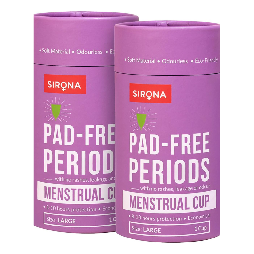 كوب الحيض القابل لإعادة الاستخدام من Sirona للنساء، لفترات حيض خالية من الفوط الصحية ودون طفح جلدي أو تسرب أو رائحة - كبير (عبوة من 2 قطعة)
