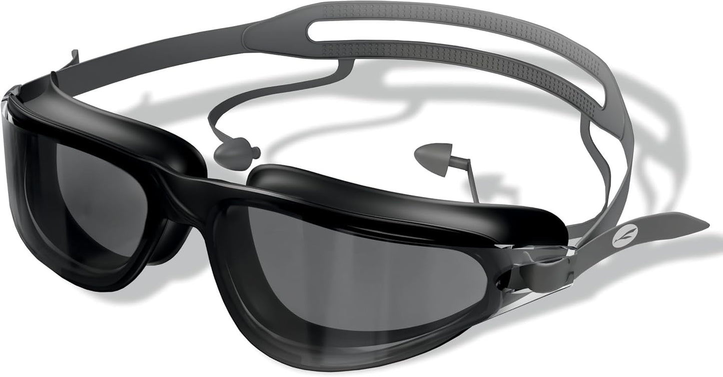 نظارات سباحة KONEX المضادة للضباب مع حماية من الأشعة فوق البنفسجية للرجال والنساء | رؤية واسعة الزاوية مع تقنية مانعة للتسرب | تأتي مع سدادات أذن مرفقة | مثالية للأطفال والكبار