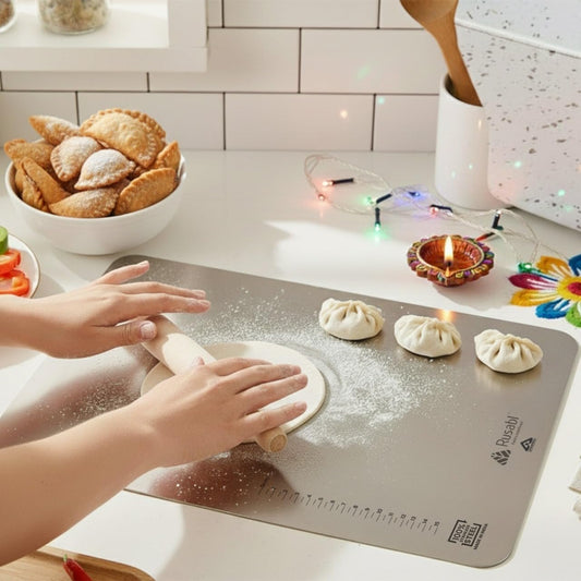 لوح تقطيع Rusabl Premium Heavy-Duty من الفولاذ المقاوم للصدأ للمطبخ (مستطيل)، حاصل على شهادة BIS، مقاوم للصدأ، لوح تقطيع غير قابل للانزلاق لتقطيع الفواكه والخضروات، لوح معجنات