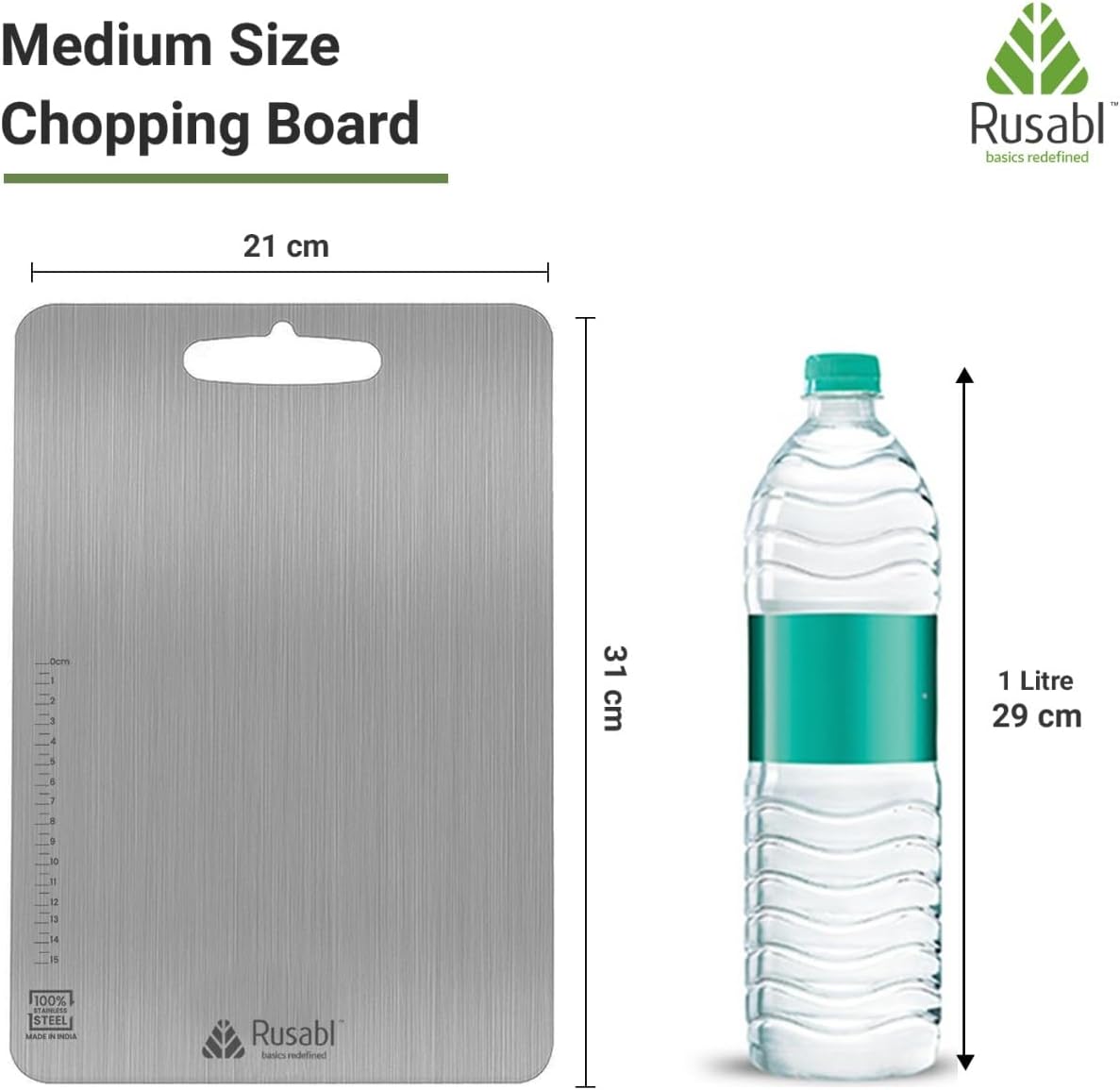 لوح تقطيع Rusabl Premium Heavy-Duty من الفولاذ المقاوم للصدأ للمطبخ (مستطيل)، حاصل على شهادة BIS، مقاوم للصدأ، لوح تقطيع غير قابل للانزلاق لتقطيع الفواكه والخضروات، لوح معجنات