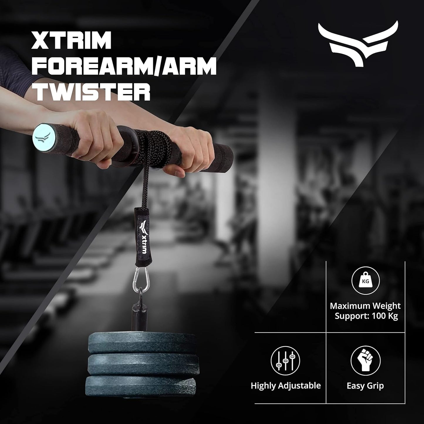 XTRIM Forearm Blaster - Arm Twister (يدعم 100 كجم) مع مقابض مخدرة مانعة للانزلاق وحبل ودبوس تحميل لممارسة تمارين اليد وتقوية العضلات وتدريب الذراعين