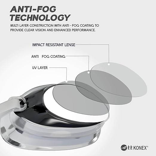نظارات سباحة KONEX المضادة للضباب والحماية من الأشعة فوق البنفسجية للرجال والنساء | رؤية واسعة الزاوية مع راحة سيليكون وحزام قابل للتعديل | مثالية للبالغين والأطفال