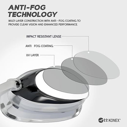 نظارات سباحة KONEX المضادة للضباب والحماية من الأشعة فوق البنفسجية للرجال والنساء | رؤية واسعة الزاوية مع راحة سيليكون وحزام قابل للتعديل | مثالية للبالغين والأطفال