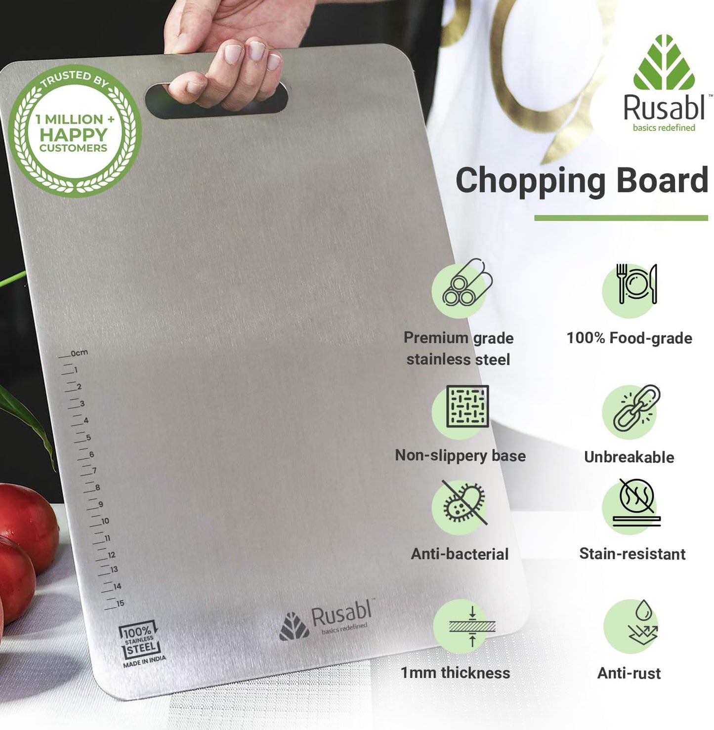 لوح تقطيع Rusabl Premium Heavy-Duty من الفولاذ المقاوم للصدأ للمطبخ (مستطيل)، حاصل على شهادة BIS، مقاوم للصدأ، لوح تقطيع غير قابل للانزلاق لتقطيع الفواكه والخضروات، لوح معجنات