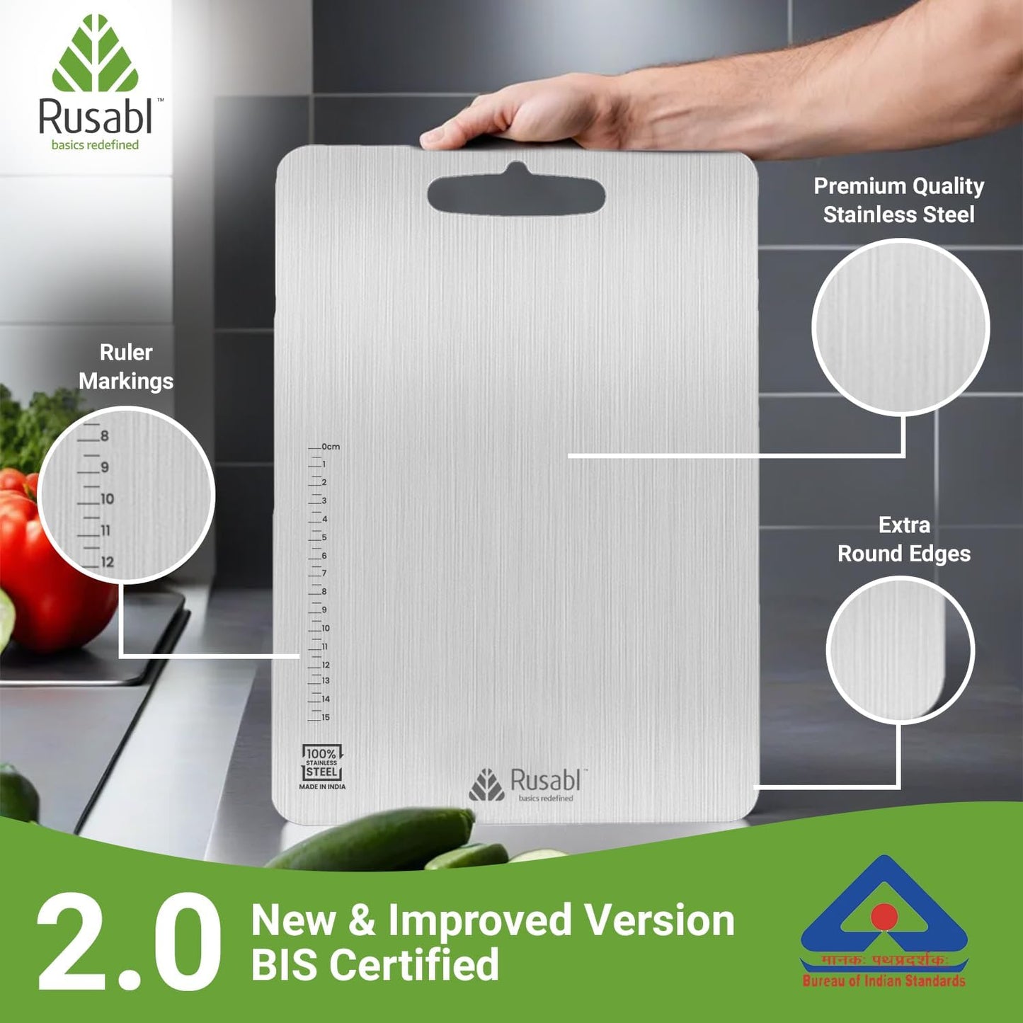 لوح تقطيع Rusabl Premium Heavy-Duty من الفولاذ المقاوم للصدأ للمطبخ (مستطيل)، حاصل على شهادة BIS، مقاوم للصدأ، لوح تقطيع غير قابل للانزلاق لتقطيع الفواكه والخضروات، لوح معجنات