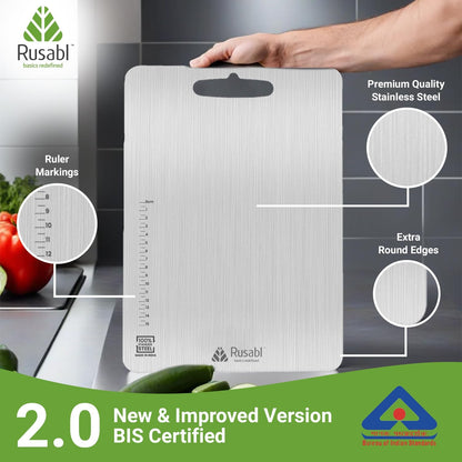 لوح تقطيع Rusabl Premium Heavy-Duty من الفولاذ المقاوم للصدأ للمطبخ (مستطيل)، حاصل على شهادة BIS، مقاوم للصدأ، لوح تقطيع غير قابل للانزلاق لتقطيع الفواكه والخضروات، لوح معجنات