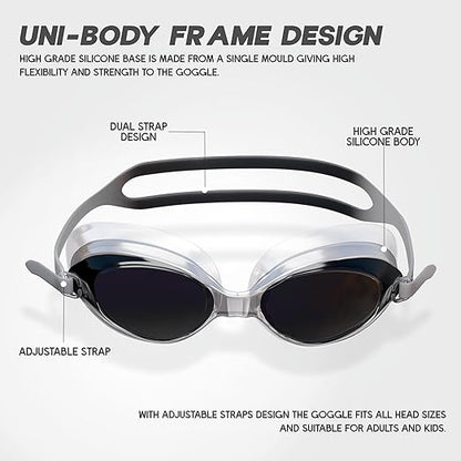 نظارات سباحة KONEX المضادة للضباب والحماية من الأشعة فوق البنفسجية للرجال والنساء | رؤية واسعة الزاوية مع راحة سيليكون وحزام قابل للتعديل | مثالية للبالغين والأطفال