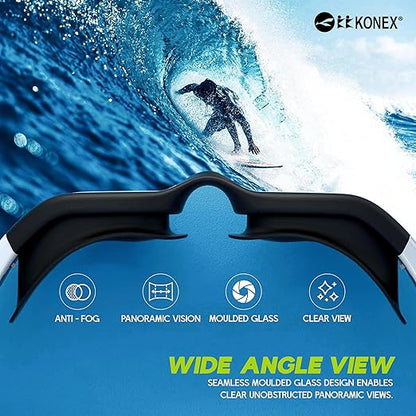 نظارات سباحة KONEX المضادة للضباب عالية الجودة للرجال والنساء مع حماية من الأشعة فوق البنفسجية | تأتي مع سدادات أذن ودبوس أنف | مثالية للأطفال والكبار