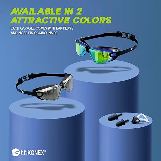 نظارات سباحة KONEX المضادة للضباب عالية الجودة للرجال والنساء مع حماية من الأشعة فوق البنفسجية | تأتي مع سدادات أذن ودبوس أنف | مثالية للأطفال والكبار