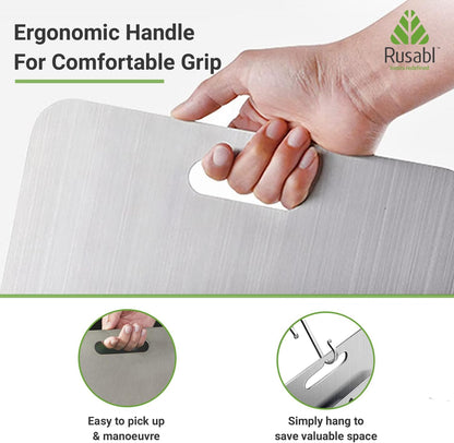 لوح تقطيع Rusabl Premium Heavy-Duty من الفولاذ المقاوم للصدأ للمطبخ (مستطيل)، حاصل على شهادة BIS، مقاوم للصدأ، لوح تقطيع غير قابل للانزلاق لتقطيع الفواكه والخضروات، لوح معجنات