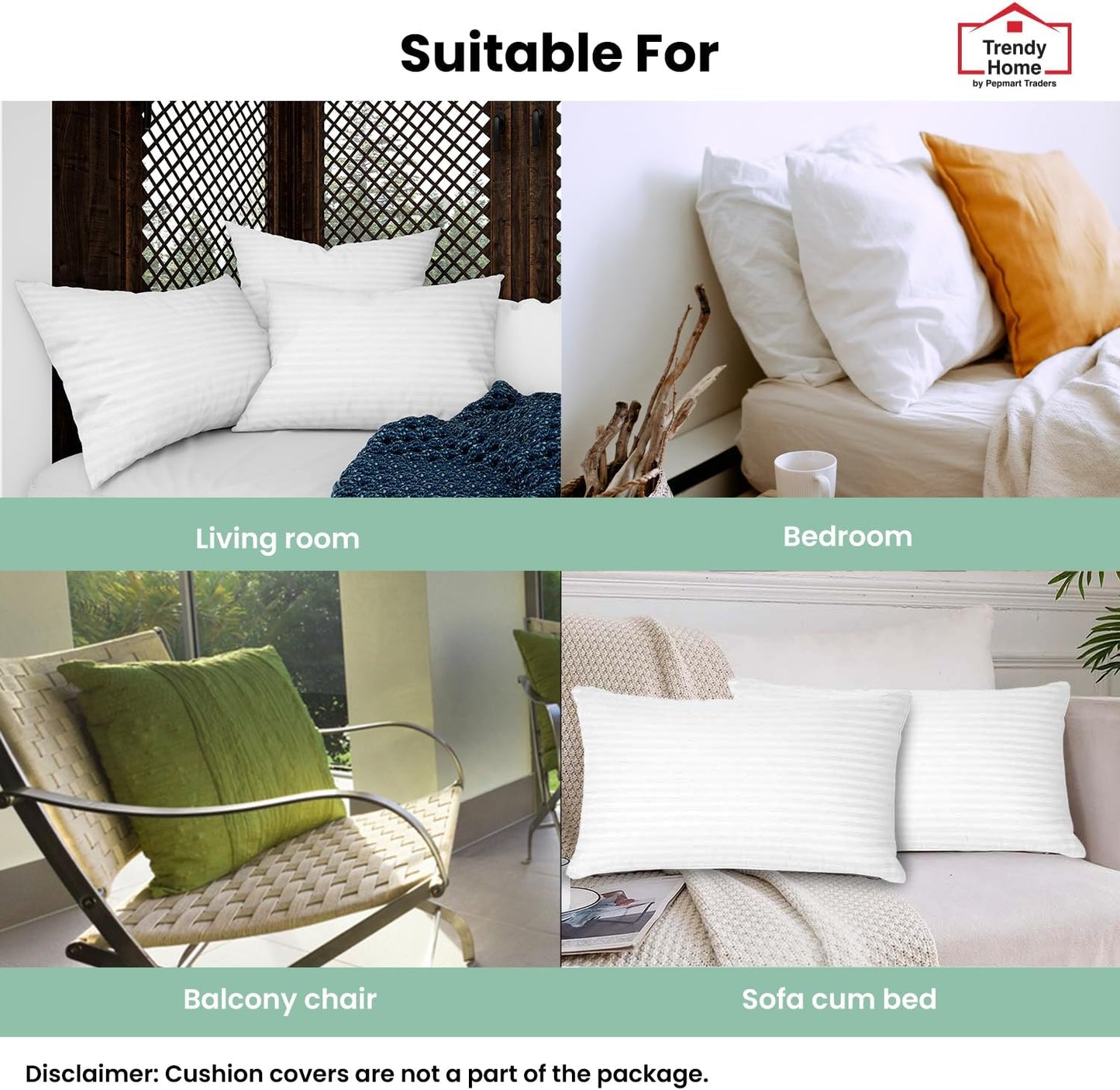 مجموعة من 2 وسائد زخرفية مضادة للحساسية من Trendy Home للاستخدام المنزلي والمكتبي، حشوة/حشوة وسائد زخرفية (بيضاء، بوليستر)