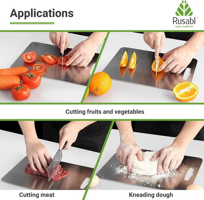 لوح تقطيع Rusabl Premium Heavy-Duty من الفولاذ المقاوم للصدأ للمطبخ (مستطيل)، حاصل على شهادة BIS، مقاوم للصدأ، لوح تقطيع غير قابل للانزلاق لتقطيع الفواكه والخضروات، لوح معجنات