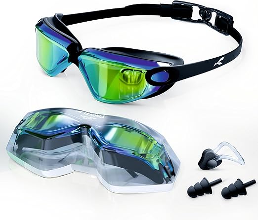 نظارات سباحة KONEX المضادة للضباب عالية الجودة للرجال والنساء مع حماية من الأشعة فوق البنفسجية | تأتي مع سدادات أذن ودبوس أنف | مثالية للأطفال والكبار