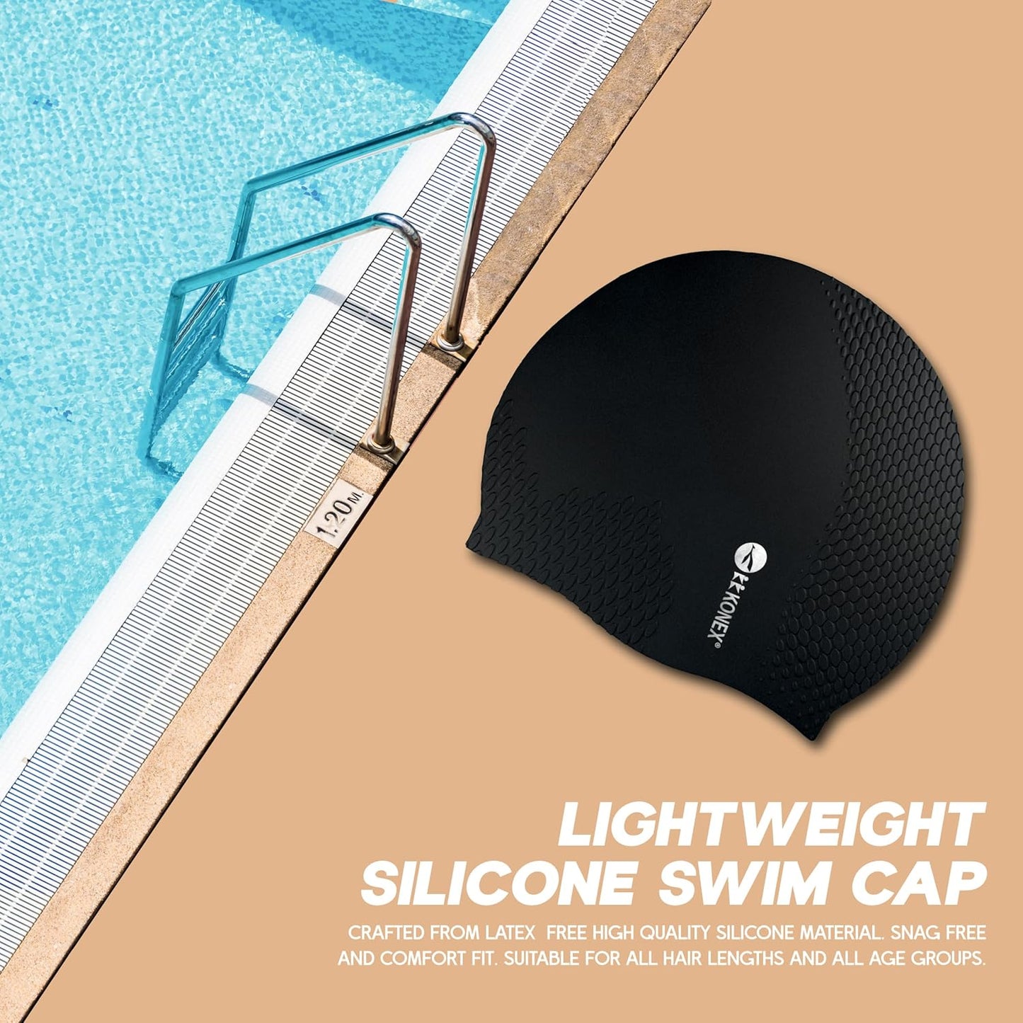 قبعة سباحة مقاومة للماء من Konex للرجال والنساء والفتيان والفتيات | سيليكون | مقاس واحد يناسب الجميع | لا تسحب الشعر | تمنع التلف الكيميائي