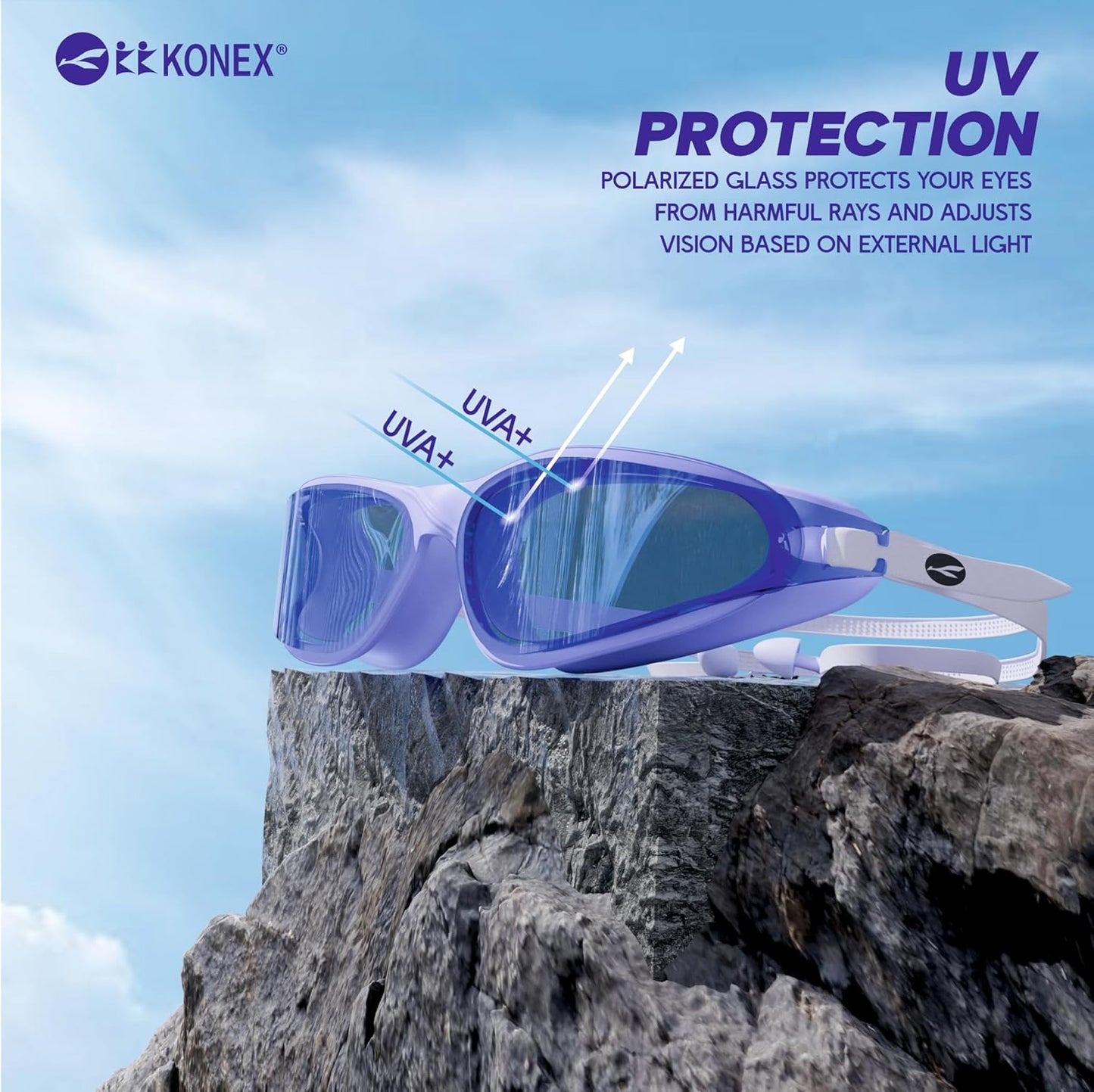 نظارات سباحة KONEX المضادة للضباب مع حماية من الأشعة فوق البنفسجية للرجال والنساء | رؤية واسعة الزاوية مع تقنية مانعة للتسرب | تأتي مع سدادات أذن مرفقة | مثالية للأطفال والكبار
