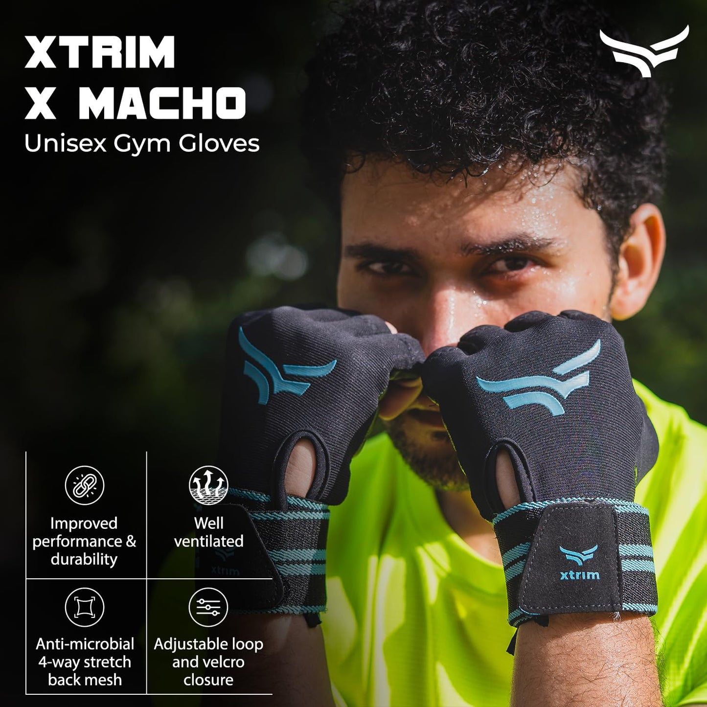 قفازات XTRIM xMacho للرجال والنساء مع حزام دعم للمعصم، قفازات نصف أصابع لرفع الأثقال، حزام معصم للأثقال، التمارين الرياضية والتمارين في صالة الألعاب الرياضية