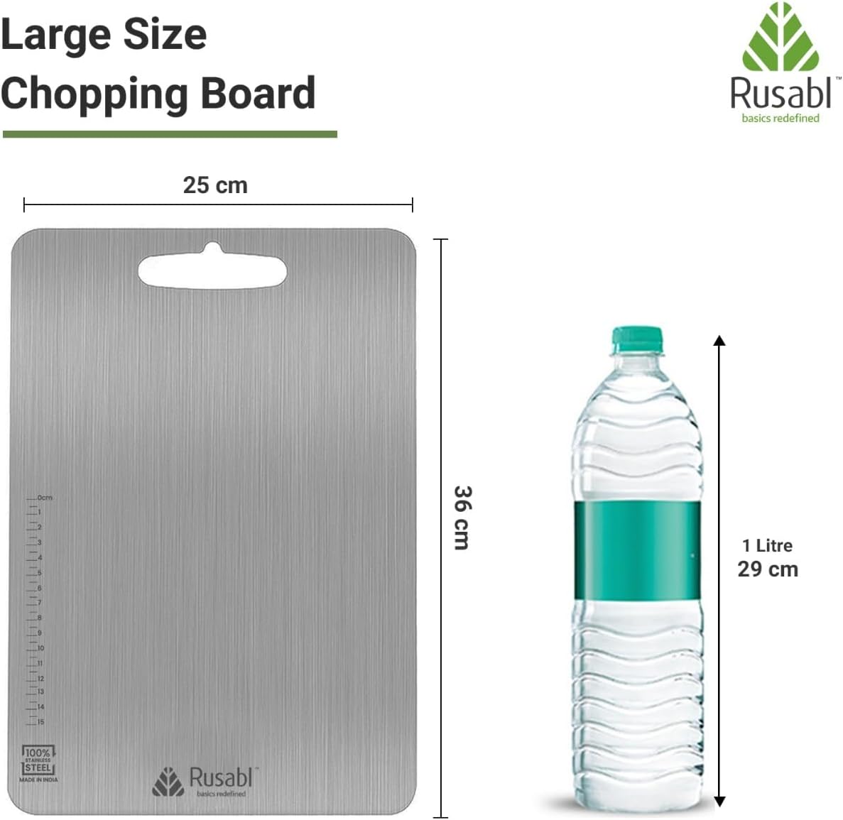 لوح تقطيع Rusabl Premium Heavy-Duty من الفولاذ المقاوم للصدأ للمطبخ (مستطيل)، حاصل على شهادة BIS، مقاوم للصدأ، لوح تقطيع غير قابل للانزلاق لتقطيع الفواكه والخضروات، لوح معجنات
