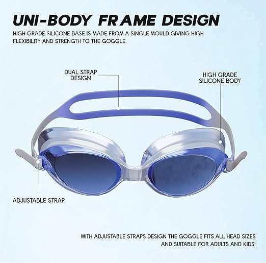 نظارات سباحة KONEX المضادة للضباب والحماية من الأشعة فوق البنفسجية للرجال والنساء | رؤية واسعة الزاوية مع راحة سيليكون وحزام قابل للتعديل | مثالية للبالغين والأطفال