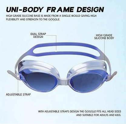 نظارات سباحة KONEX المضادة للضباب والحماية من الأشعة فوق البنفسجية للرجال والنساء | رؤية واسعة الزاوية مع راحة سيليكون وحزام قابل للتعديل | مثالية للبالغين والأطفال