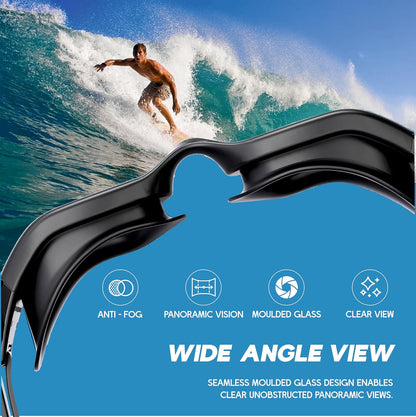 نظارات سباحة KONEX المضادة للضباب مع حماية من الأشعة فوق البنفسجية للرجال والنساء | رؤية واسعة الزاوية مع تقنية مانعة للتسرب | تأتي مع سدادات أذن مرفقة | مثالية للأطفال والكبار