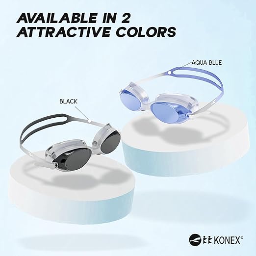 نظارات سباحة KONEX المضادة للضباب والحماية من الأشعة فوق البنفسجية للرجال والنساء | رؤية واسعة الزاوية مع راحة سيليكون وحزام قابل للتعديل | مثالية للبالغين والأطفال