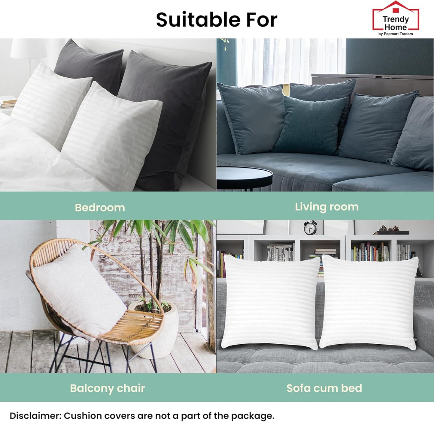 مجموعة من 4 وسائد زخرفية مضادة للحساسية من Trendy Home للاستخدام المنزلي والمكتبي، حشوة/حشوة وسائد زخرفية (بيضاء، بوليستر، 4 قطع)