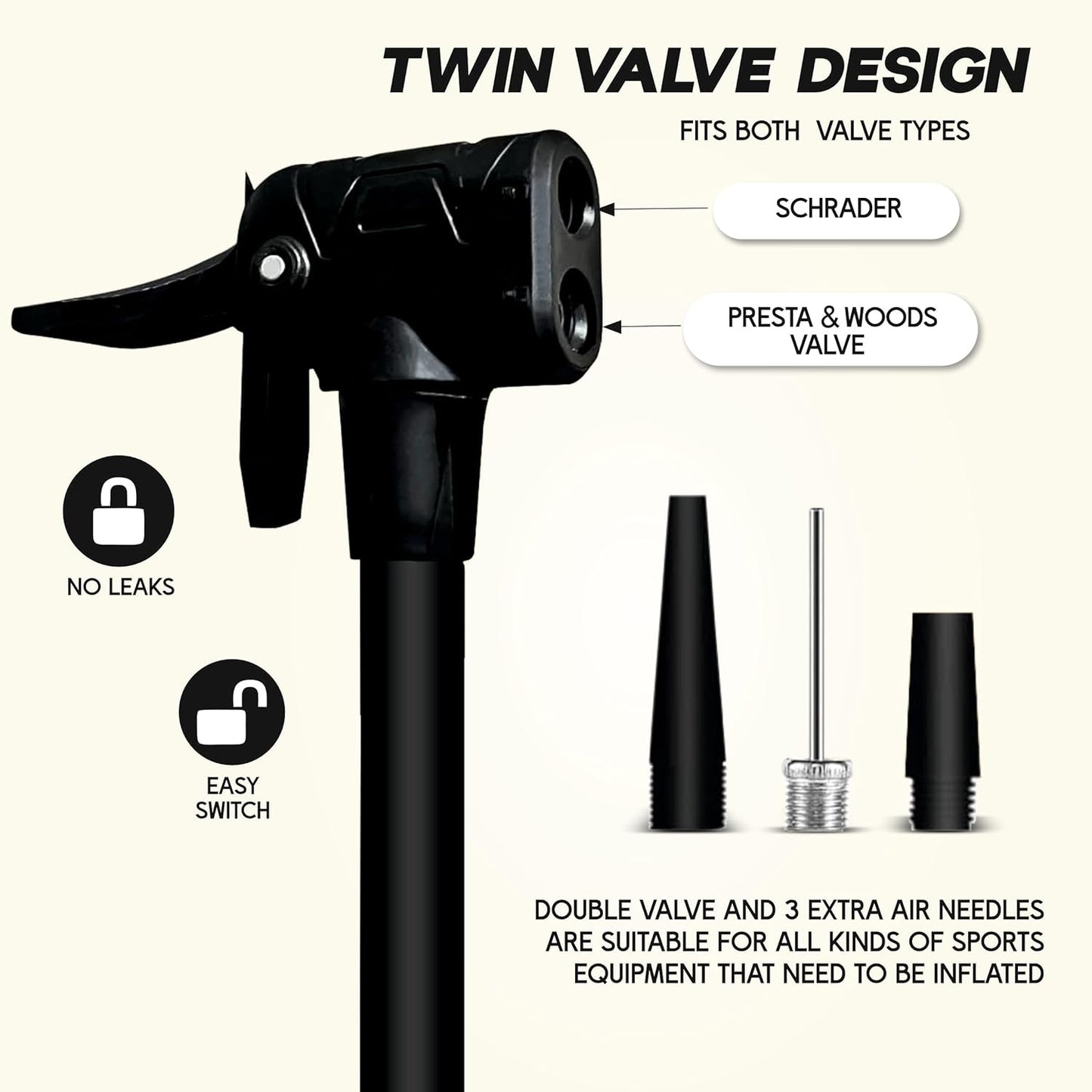 مضخة هواء محمولة من Konex مزودة بإبرة وصمام مزدوج | مقبض مريح مع قاعدة متينة | مثالية لنفخ إطارات الدراجات والكرات الرياضية وأطواق السباحة والبالونات