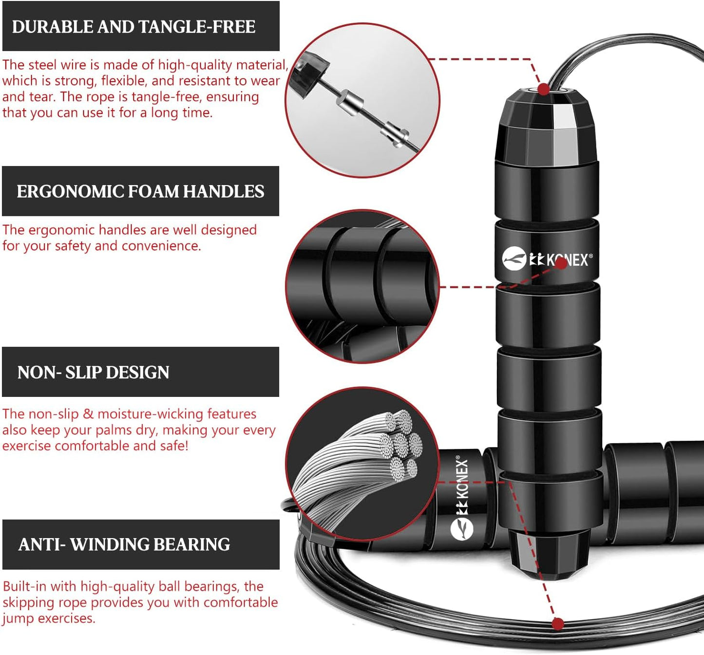 حبل القفز Konex للرجال والنساء حبل قفز قابل للتعديل، حبل تمرين للتمارين الرياضية