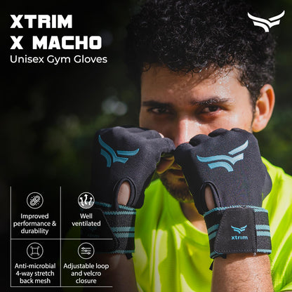 قفازات XTRIM xMacho للرجال والنساء مع حزام دعم للمعصم، قفازات نصف أصابع لرفع الأثقال، حزام معصم للأثقال، التمارين الرياضية والتمارين في صالة الألعاب الرياضية
